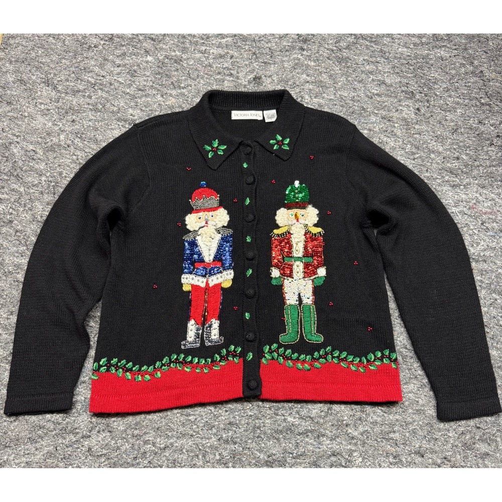 Victoria Jones Nutcracker Christmas Cardigan Sweater Sequin Bead Black Large
